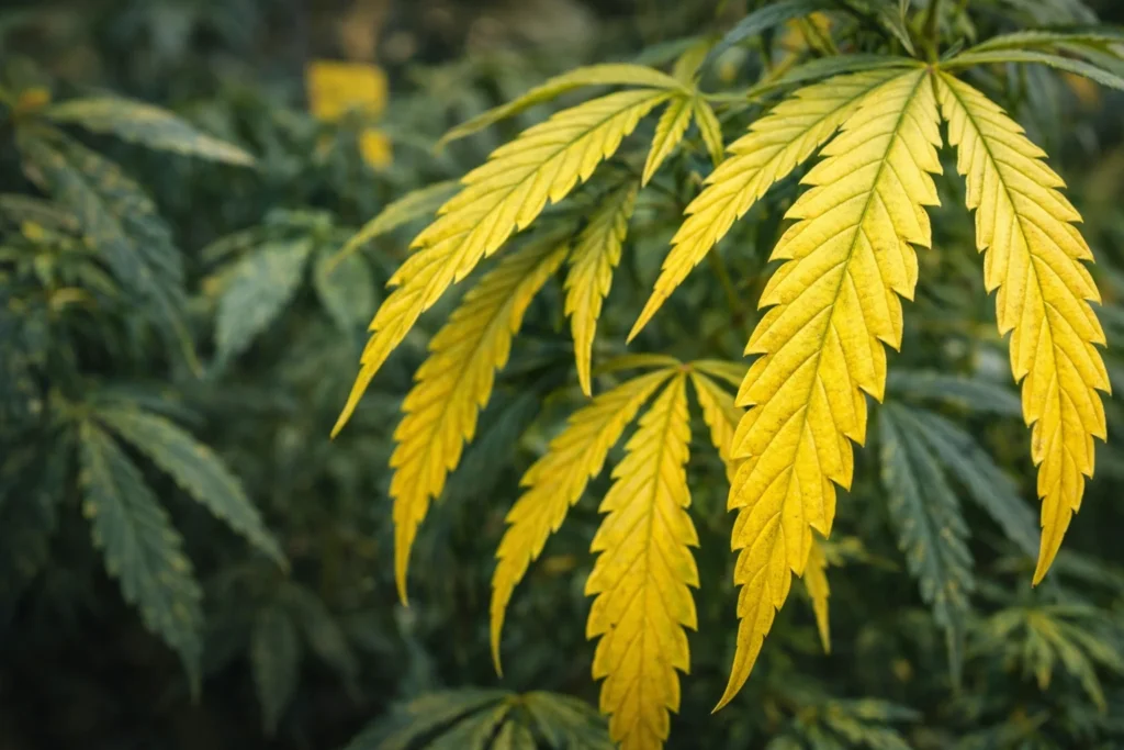 Hojas amarillas en planta de cannabis causadas por deficiencia de nutrientes o exceso de riego