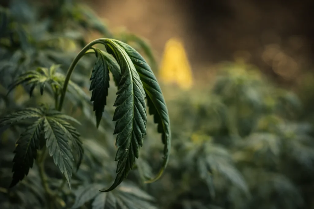 Hojas de cannabis dobladas hacia abajo por exceso de nutrientes o riego