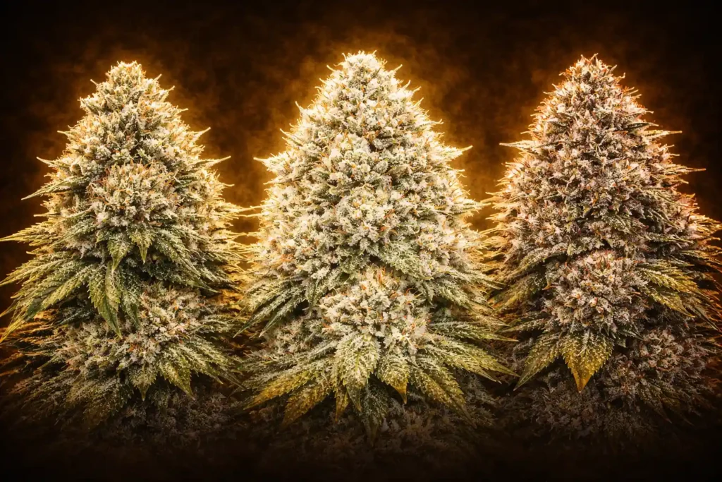 Pack de semillas cannabis Resin Master con Gorilla Glue 4, Wedding Cake y GMO Cookies con cogollos resinosos iluminados en dorado