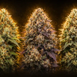 Pack de semillas cannabis Terpene Gold con Orange Sherbert, Cherry Pie y Apple Fritter destacando aromas y tricomas en luz dorada
